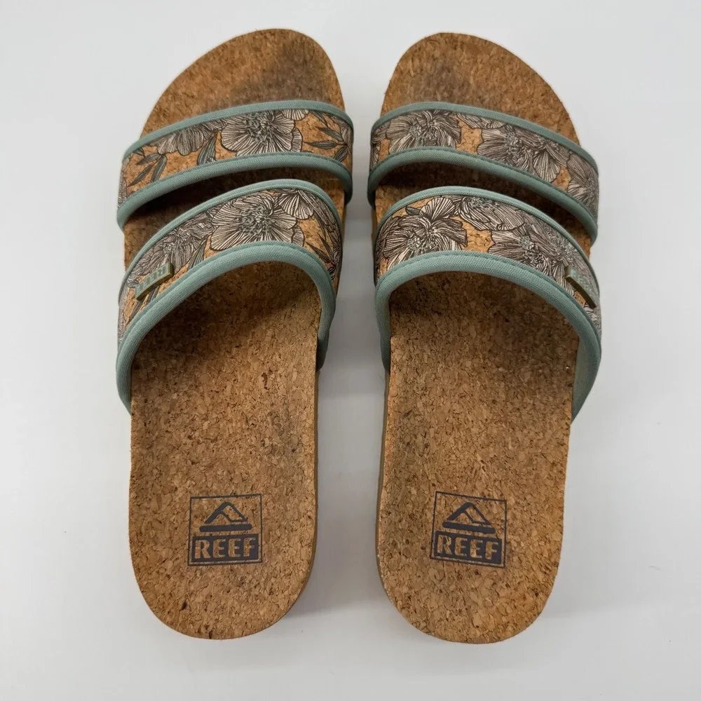 Reef Cushion Vista Hi Sandals 8 Floral Cork Platform Slides Sage Granola Earthy